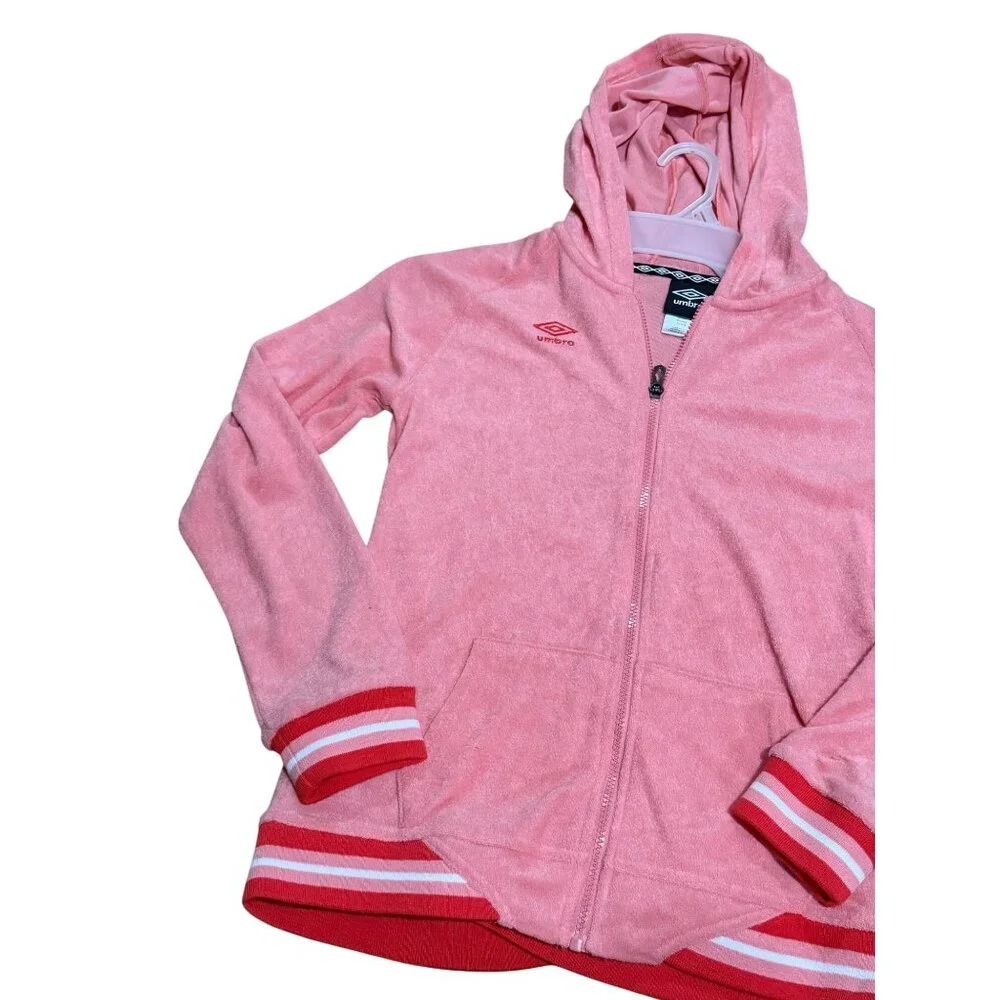 NWT Umbro Girls XL‎ 14/16 Hooded Track Jacket Pink Red Trim Terry Cloth Full Zip